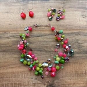 Glam Julz Spring Green Magenta Beaded Layer Necklace & Earring Set